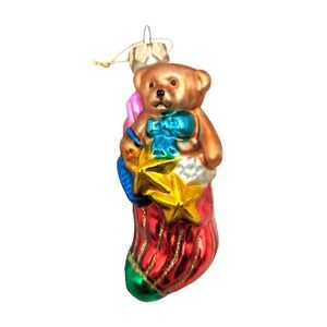 Thomas Pacconi Museum Series Christmas Teddy Bear Red Stocking Glass Ornament 4"